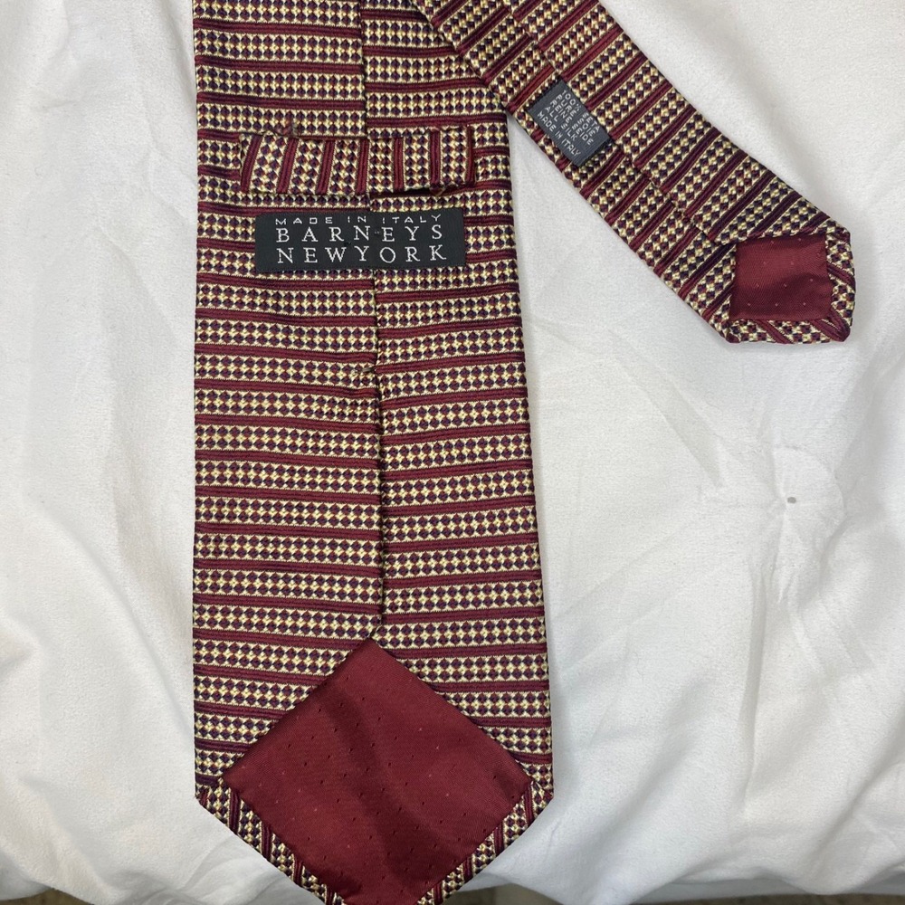 Barneys New York Men's Neck Tie Silk Jacquard Geometric Striped Italy Red Gold